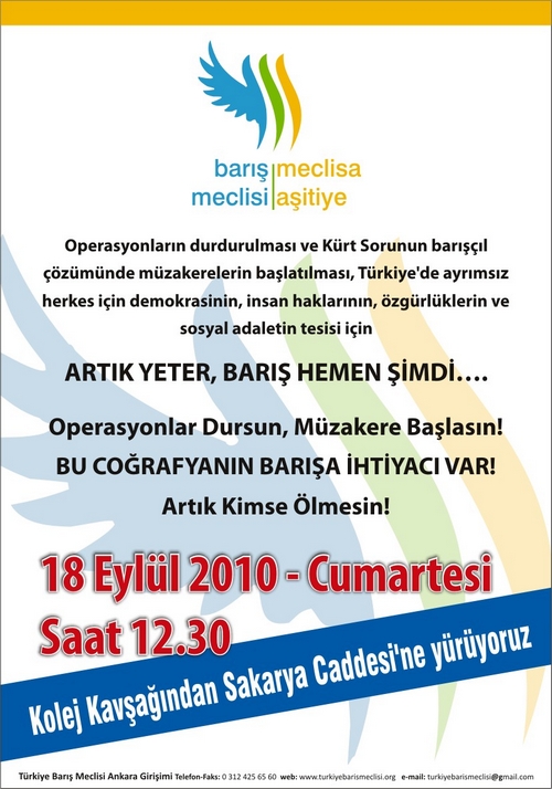 Türkiye Barış Meclisi 18 Eylül'de Barış Yürüyüşü Düzenliyor