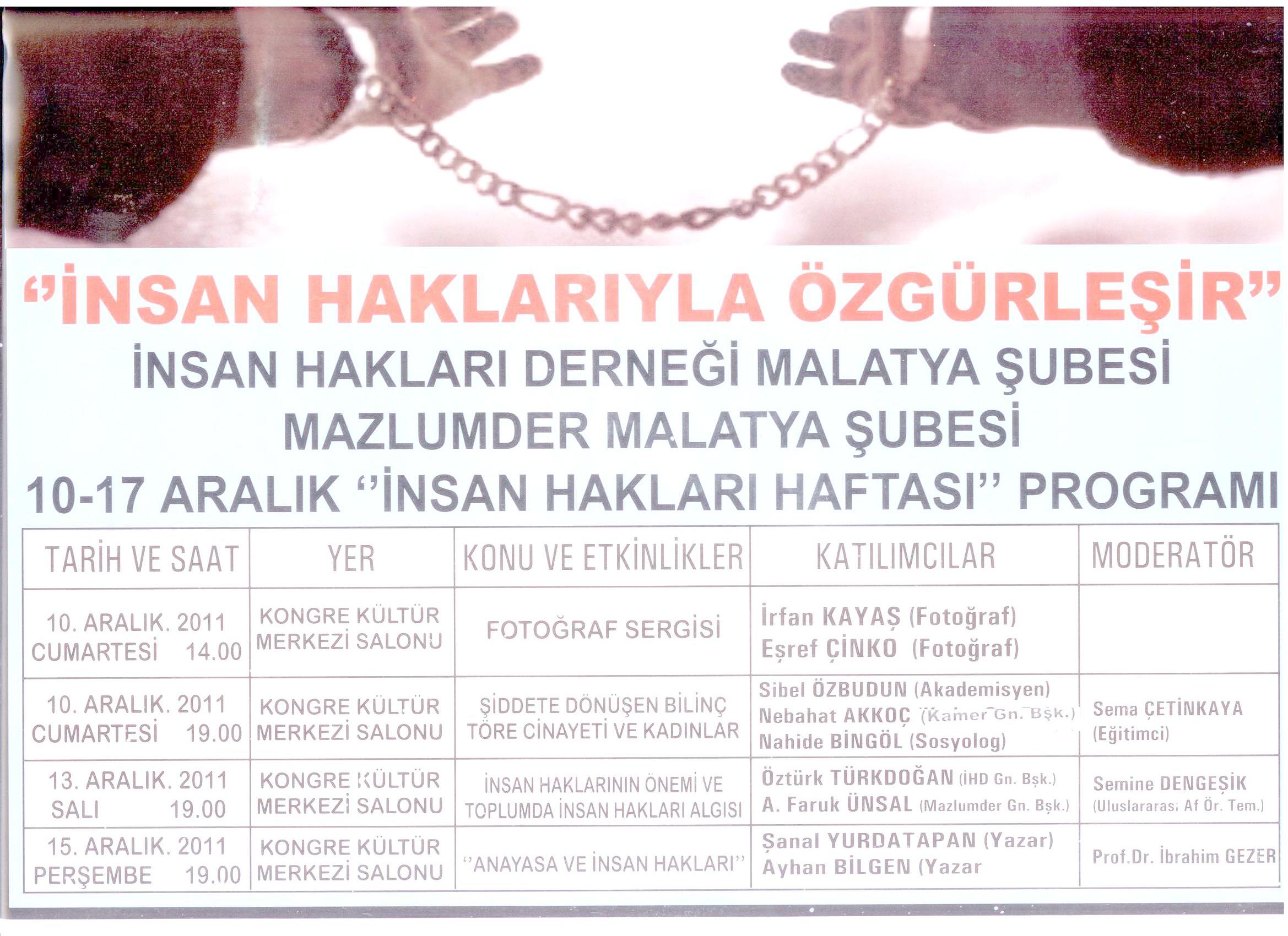 İHD Malatya - 10 -17 Aralık “İnsan Hakları Haftası” Programı
